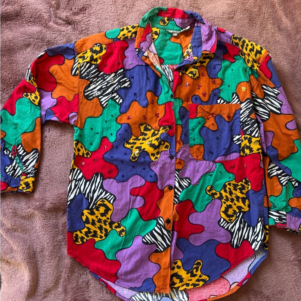 Vintage ADONIS Abstract Animal Print Button Up Shirt Colorful 90s